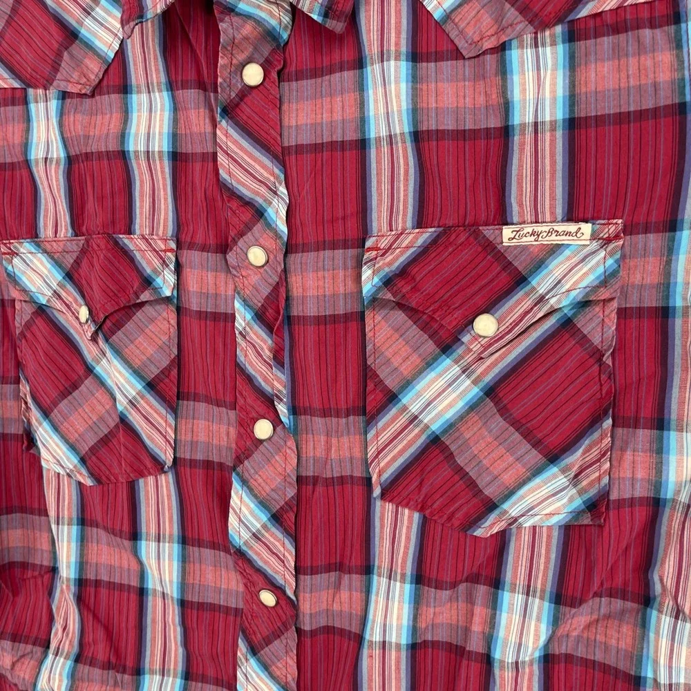 Lucky Brand Shirt Mens Large Red Plaid Short Sleeve Western Pearl Snap Cowboy